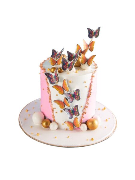 Elegant butterfly designer cake with vibrant butterflies and golden accents.