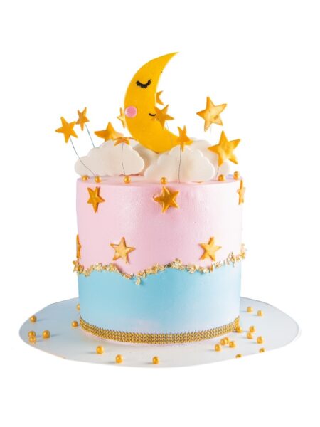 Pink and blue lullaby theme cake with moon, stars, and fluffy cloud decorations.