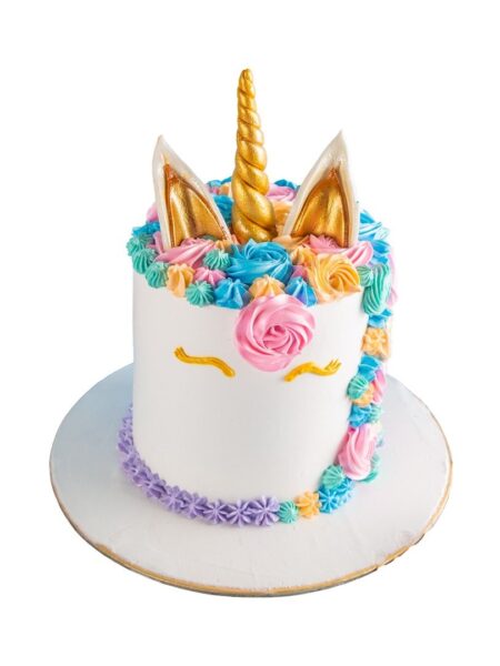 Unicorn shape cake with golden horn, ears, and colorful buttercream flowers in pastel shades.