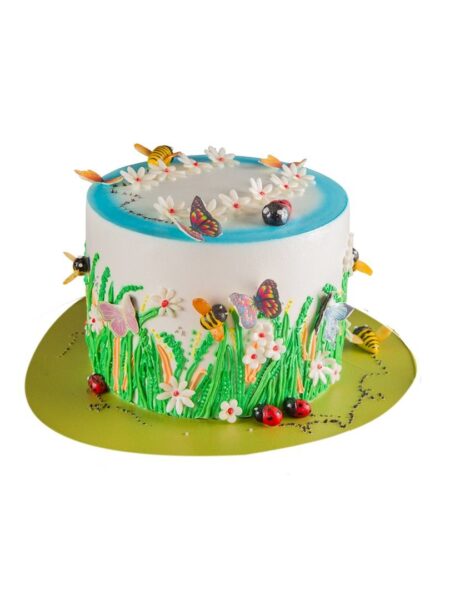 Butterfly garden cake with flowers, bees, ladybugs, and colorful butterflies.