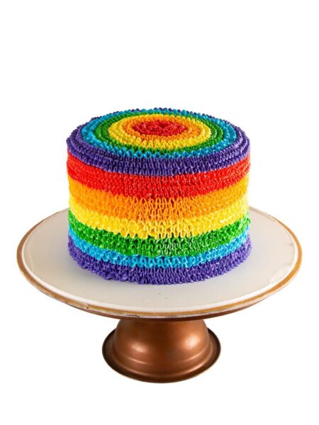 Cheerful rainbow cake with vibrant layers of frosting — perfect for birthdays, pride parties, and joyful celebrations.