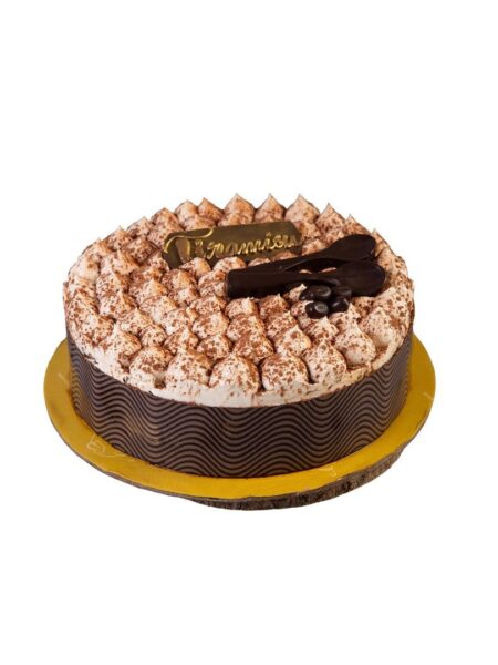 Tiramisu with layers of coffee sponge, mascarpone cream, and cocoa topping