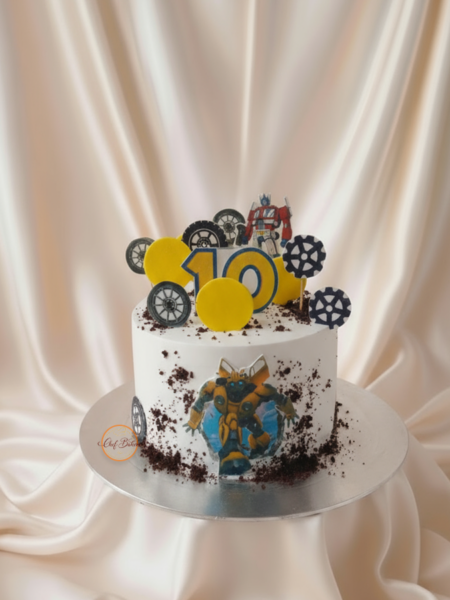Transformers-Themed Birthday Cake with Bumblebee and Wheels