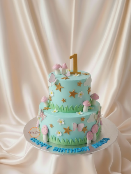 Whimsical Two-Tier Cake with Mushrooms, Stars, and Butterflies