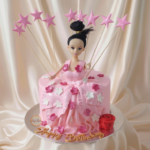 Pink Doll Birthday Cake with Stars and Flowers