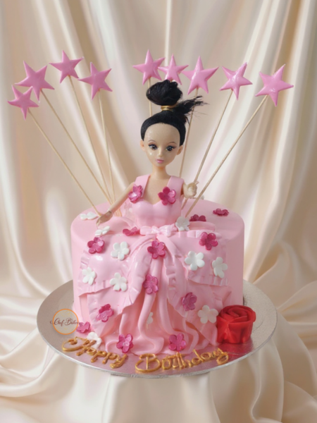 Pink Doll Birthday Cake with Stars and Flowers