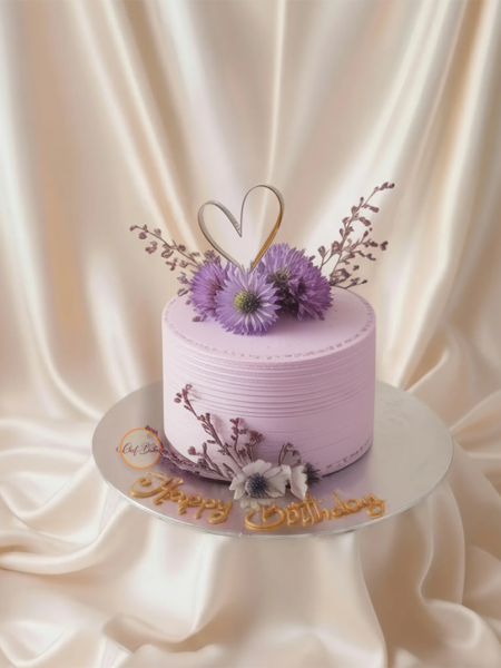 Purple Flower Cake with Heart Decoration