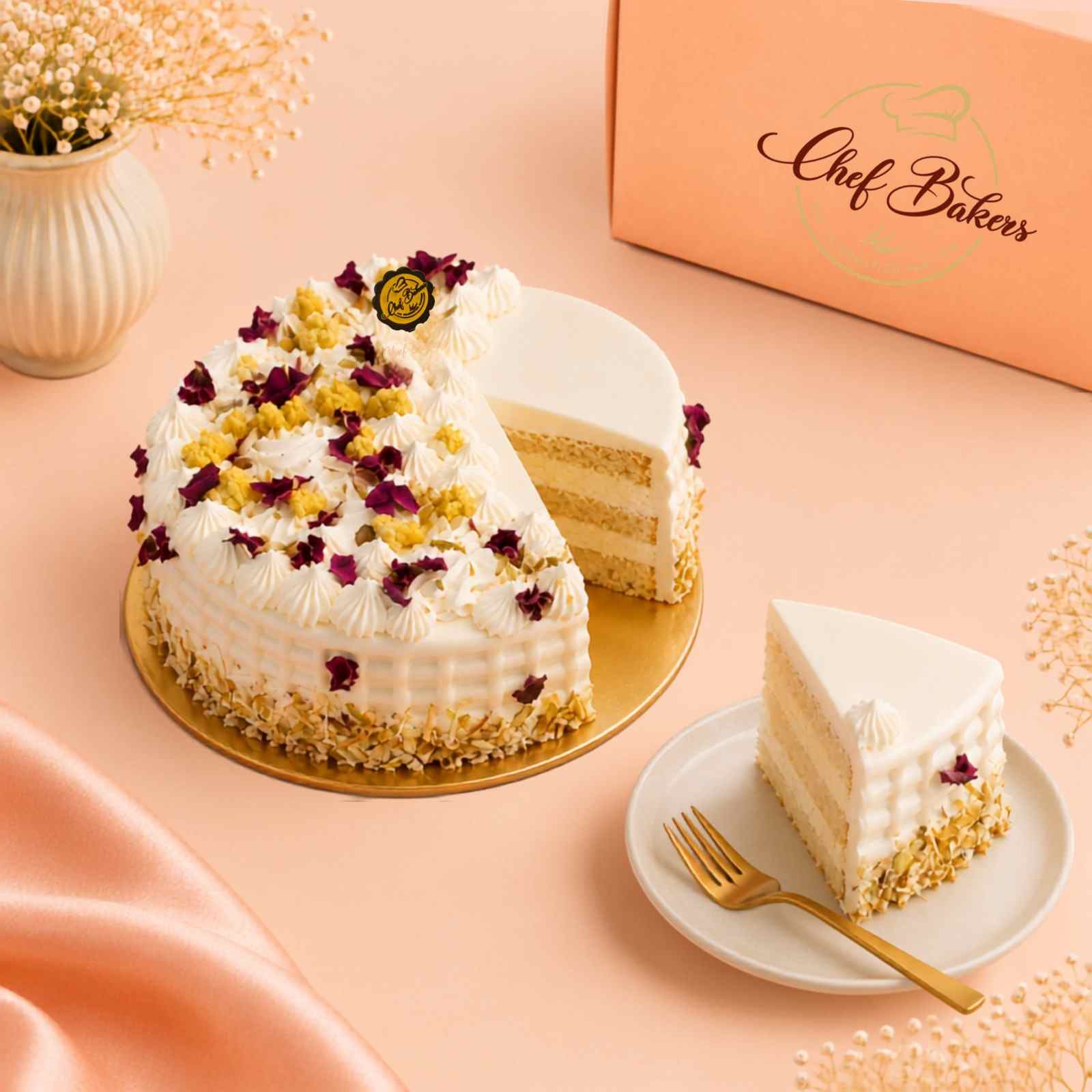 Kesar Rasmalai Cake with one slice