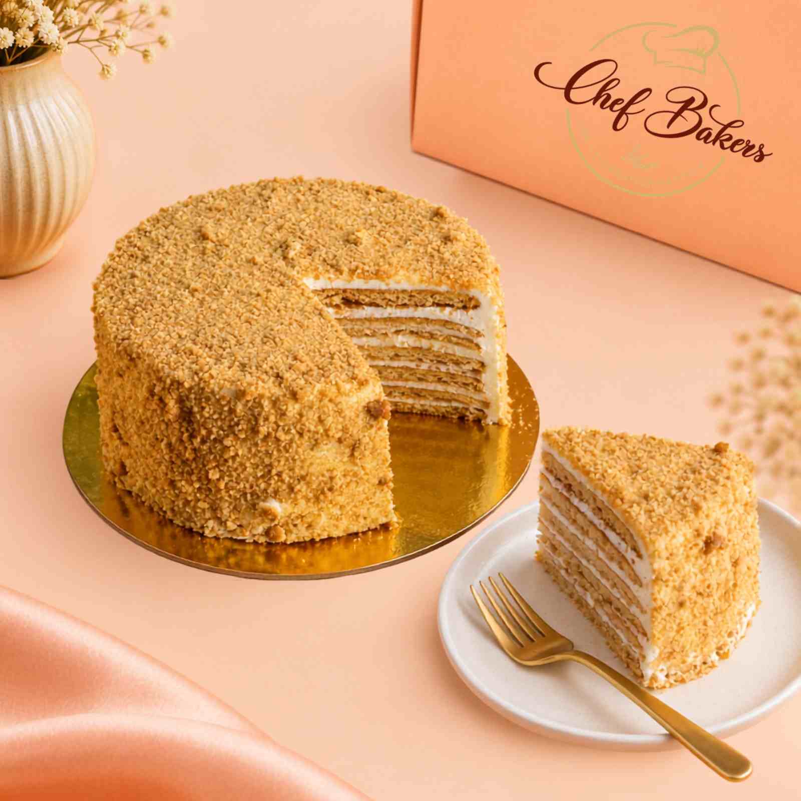 Russian Medovik Cake with one slice